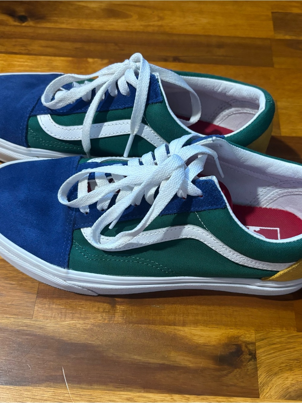 Vans Old Kool “Yacht Cub” Sneakers. Blue, Green & White with Yellow Heel